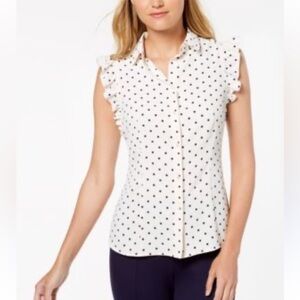 Anne Klein Womens White Ruffled Sleeve Polka Dot Top Blouse Shirt